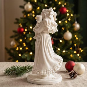 Puede incluir: Una figura de porcelana blanca mate que representa a una persona con cabello largo y ondulado, vestida con un vestido largo con dobladillo con volantes, sosteniendo un pequeño muñeco cascanueces. La escultura se asienta sobre una base circular.