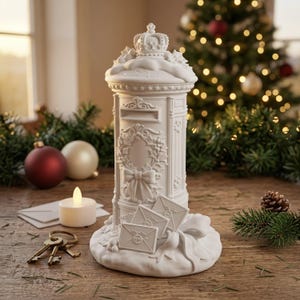 May include: A white ceramic decorative pillar box featuring a crown topper, a central wreath with a bow, and three sculpted envelopes at the base. The cylindrical structure has a mail slot and intricate relief details throughout the surface.