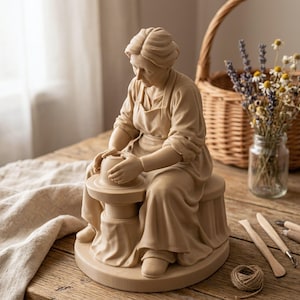 Può includere: Una statuetta monocromatica color beige che raffigura una persona con un grembiule, seduta su uno sgabello mentre modella un piccolo vaso di argilla su un tornio da vasaio. La scultura presenta pieghe dettagliate degli abiti e una posa concentrata.