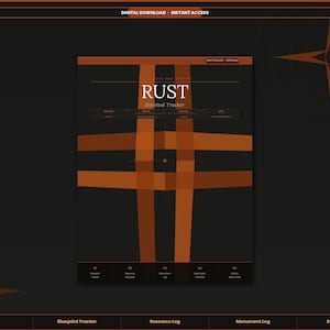 May include: Digital download featuring a Rust Survival Tracker. The design has a black background with orange geometric shapes and text. The text includes "RUST Survival Tracker" and other labels. The design also includes the text "11 Pages".