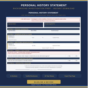 Puede incluir: Una plantilla digital para una Declaración de Historia Personal, diseñada para investigaciones de antecedentes policiales. El documento presenta secciones para información personal, residencia, historial laboral e historial criminal. El documento es azul y blanco con el texto "BLUELINE & BEYOND".