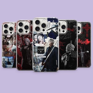 May include: A collection of five phone cases featuring various character designs. The cases showcase a mix of red, black, and white color schemes with illustrations of figures, text, and graphic elements. Each case has a different design.