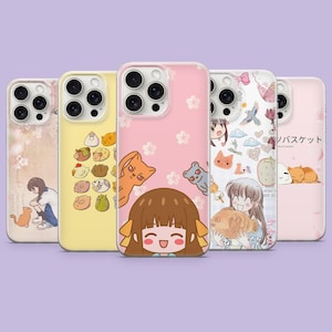 May include: Five smartphone cases featuring anime-style illustrations. Designs include a girl with a cat, various small animal icons on yellow, a girl with a pink cherry blossom background, a collage of characters, and a pale pink case with Japanese text.
