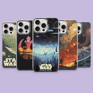 May include: Five phone cases with Star Wars artwork. The cases show scenes with spaceships, characters, and the Star Wars logo. The cases have a clear border and are designed for a smartphone. The cases are for a mobile phone.