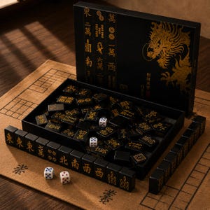 以下が含まれることがあります： 金色の中国の文字とシンボルが付いた黒い麻雀セット。セットには、タイル、サイコロ、金のドラゴンのデザインの黒い箱が含まれています。タイルはトレイに配置され、一部のタイルは行で表示されます。セットは茶色の表面にあります。
