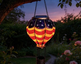 American Flag Hot Air Balloon Solar Lantern, Patriotic Garden Light, Outdoor Hanging Décor