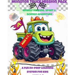 Peut inclure: Image d'un camion monstre vert de dessin animé avec de gros pneus et un visage souriant. Le texte sur l'image indique "MONSTER TRUCK MISSION PACK" et "AGES 4-7". L'image comprend également des drapeaux de course, un trophée et des flammes.