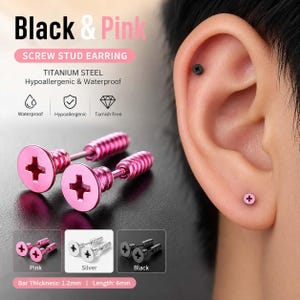 May include: A pair of pink screw stud earrings made of titanium steel. The earrings feature a cross-head screw design. The text on the image reads Black & Pink, Screw Stud Earring, Titanium Steel, Hypoallergenic & Waterproof, 1.2mm, 6mm.