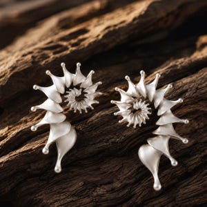 Pode incluir: Um par de brincos de prata com um design em espiral semelhante a uma concha, com múltiplas protuberâncias pontiagudas em forma de pétala que se estendem a partir de uma bobina central. O metal tem um acabamento mate e escovado texturizado.