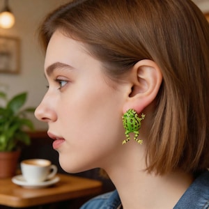 Cute Frog Earrings | Frog Bites Ear Earrings | Aesthetic Animal Jewelry | Quirky Silver Studs, Gift for Her, Cottagecore Animal Earrings
