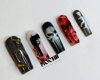 The Punisher Press On Nail Set, Marvel Nails, Handmade Nails, Frank Castle Nails