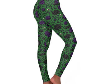 Leggings de yoga de talle alto con estampado de calavera y rosa morada / Ropa deportiva con estampado floral gótico
