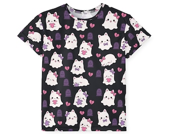 Kids Ghost Cat Jersey | Kawaii Halloween Spooky Print T-Shirt
