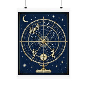 May include: A celestial navigation poster featuring a detailed illustration of a star chart with constellations, figures, and a compass rose. The design is in gold and white on a dark blue background, with the text "Celestial Navigation".