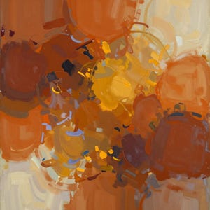 Puede incluir: Una pintura abstracta con pinceladas superpuestas en tonos naranja quemado, marrón oscuro, ocre y crema. La composición consiste en formas redondeadas y superpuestas con pequeños acentos de azul claro y azul marino dispersos por toda ella.