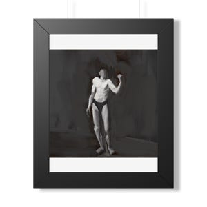 May include: A framed digital art print featuring a monochromatic greyscale illustration of a standing figure with a faceless head, wearing dark briefs, posed with one arm raised against a dark, abstract, and moody charcoal-coloured background.