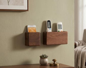 Wall Mounted Solid Walnut Remote Holder, Minimalist Wood Wall Pocket, Small Floating Organizer Box, Office Decor, Entryway Storage for Him