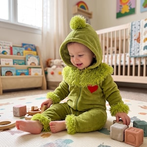 May include: A lime green hooded jumpsuit featuring a fuzzy pom-pom on the hood, shaggy trim around the collar and cuffs, and a red heart patch on the chest. The garment has a front zipper closure and long sleeves, designed for infants.