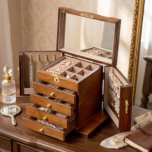 May include: A multi-tiered wooden jewelry box with a hinged lid featuring a glass window, a top compartment with dividers, and four pull-out drawers. The interior is lined with beige fabric, and the side panels open to reveal hooks for hanging necklaces.