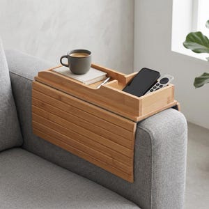 Bamboo Sofa Armrest Tray with Cup Holder, Rectangular Couch Tray for Food and Drinks, Decorative Living Room Organizer, Housewarming Gift