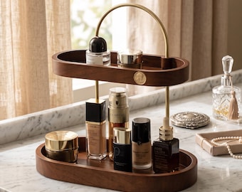 Organizador de perfumes de madera de 2 niveles, bandeja de tocador, estante de almacenamiento de maquillaje de lujo, soporte sostenible para el cuidado de la piel, decoración de tocador de madera, regalo para ella.