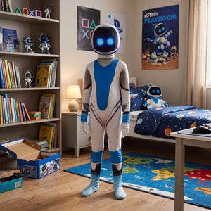 Può includere: Un costume a corpo intero composto da una tuta bianca e blu con guanti e copripiedi abbinati, accompagnato da un grande casco arrotondato che mostra due occhi circolari blu luminosi e una piccola antenna sulla parte superiore, come un robot.
