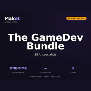 May include: A dark purple digital graphic titled The GameDev Bundle featuring 38 AI specialists. It includes text for one-time no subscription, lifetime access, and 5 AI tools including Claude, ChatGPT, Gemini, Copilot, and Cursor with a 29% off badge.