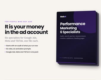 Pakiet specjalisty ds. sztucznej inteligencji w marketingu efektywnościowym | 6 kart person eksperta do Google Ads, audytów Meta i TikTok oraz optymalizacji współczynnika konwersji | Pobierz wersję cyfrową