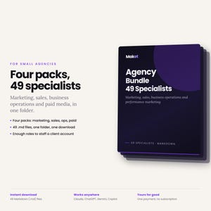 Puede incluir: Un anuncio de producto digital para el Maket Agency Bundle con 49 especialistas. El texto enumera cuatro paquetes para marketing, ventas, operaciones comerciales y medios pagados, incluyendo 49 archivos markdown en una carpeta para agencias.