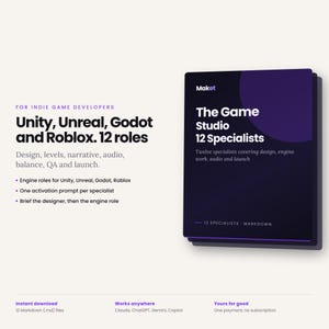 Könnte beinhalten: Ein digitaler Leitfaden mit dem Titel The Game Studio 12 Specialists für Indie-Spieleentwickler, die Unity, Unreal, Godot und Roblox nutzen. Das dunkelviolette Cover enthält weißen Text, der zwölf Rollen wie Design und Audio auflistet.