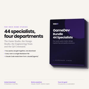 Op de afbeelding: Een digitale productweergave voor de Maket GameDev Bundle met 44 specialisten verdeeld over vier afdelingen. De tekst vermeldt game studio, design, engineering en QA command, met vier pakketten in één download, Markdown-bestanden en Claude Code.