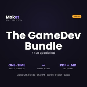 Op de afbeelding: Een donkerpaarse digitale afbeelding met de titel The GameDev Bundle, met 44 AI-specialisten. Het bevat tekst voor eenmalige directe download, levenslange toegang en PDF plus .MD-bestandsformaten, compatibel met Claude, ChatGPT, Gemini, Copilot en Cursor.
