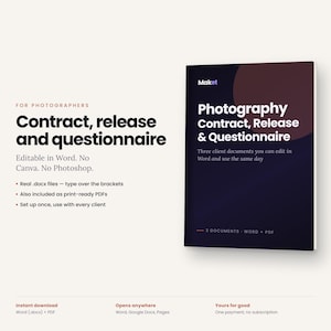 Może przedstawiać: Zestaw dokumentów cyfrowych dla fotografów zatytułowany Photography Contract, Release & Questionnaire. Ciemna okładka zawiera logo Maket i tekst. Układ zawiera listy punktowane szczegółowo opisujące edytowalne pliki Word i PDF.