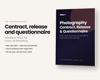 Szablon umowy o fotografię w formacie Word | Edytowalny formularz zgody na rozpowszechnianie wizerunku i kwestionariusz klienta | Natychmiastowe pobranie
