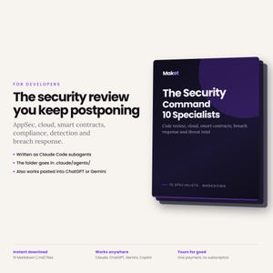 May include: A digital product advertisement for Maket featuring a dark purple document cover titled The Security Command 10 Specialists. The text lists security services including AppSec, cloud, smart contracts, compliance, and breach response.
