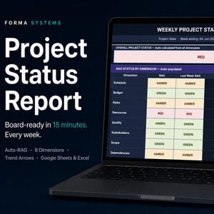 Può includere: Un computer portatile che mostra un rapporto settimanale sullo stato del progetto di Forma Systems. Lo schermo visualizza una tabella con indicatori di stato RAG in rosso, ambra e verde, insieme a colonne per dimensione, trend e commenti.