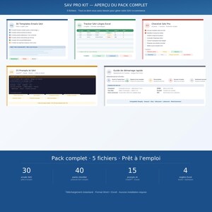 Peut inclure: Un kit de produits numériques intitulé "SAV PRO KIT" avec 5 fichiers. L'image présente plusieurs documents, notamment des modèles d'e-mails, un suivi des litiges, une liste de contrôle et un guide de démarrage rapide. Le kit comprend 30 modèles d'e-mails, 40 points de contrôle, 15 invites et 4 onglets Excel.