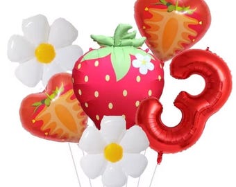 6pcs 32-inch digital strawberry and daisy flower foil balloons for girls birthday party baby gift children toy party decoration