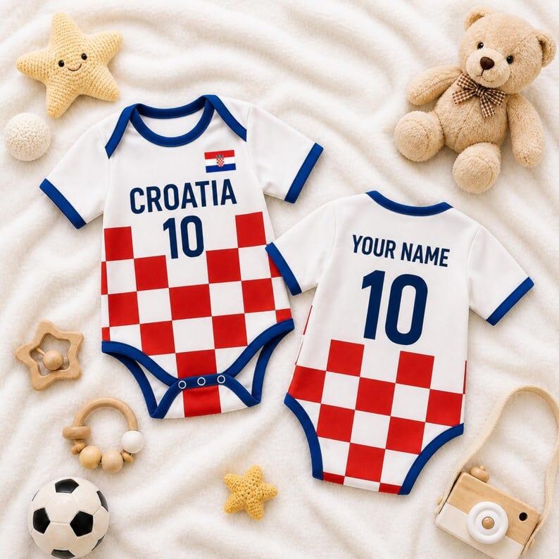 Może przedstawiać: Dwa białe body niemowlęce z niebieskim wykończeniem i czerwono-białym wzorem w szachownicę w dolnej części. Jedno body ma napis CROATIA i numer 10 z małą chorwacką flagą. Drugie ma napis YOUR NAME oraz numer 10.