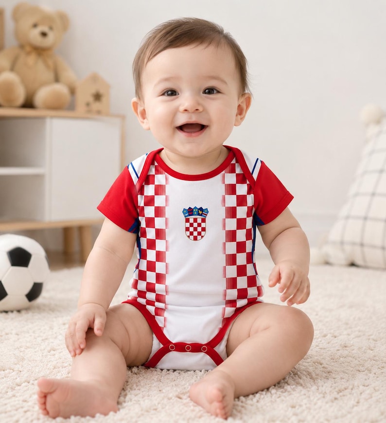 May include: A short-sleeved baby bodysuit featuring a white center panel with a red and white checkered pattern on the sides and sleeves. The garment displays the Croatian coat of arms on the chest and includes red trim along the neckline and leg openings.