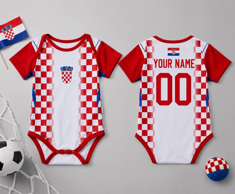 May include: A white and red checkered baby bodysuit featuring the Croatian coat of arms on the front and the text YOUR NAME with the number 00 on the back. The garment has short red sleeves and red trim around the neckline and leg openings.