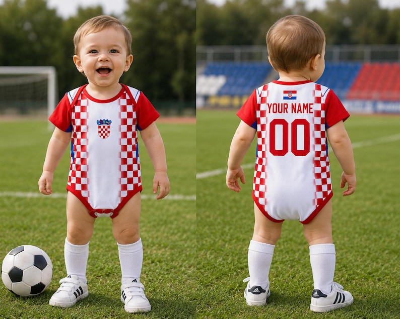 May include: A white and red checkered bodysuit featuring the Croatian coat of arms on the front and the text YOUR NAME with the number 00 on the back. The garment has short red sleeves, white trim, and a snap closure at the bottom crotch area.