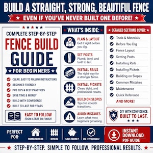 May include: A digital instructional guide titled Complete Step-By-Step Fence Build Guide For Beginners. The document features red, white, and blue text and icons detailing planning, post setting, rail and picket installation, and slope building.