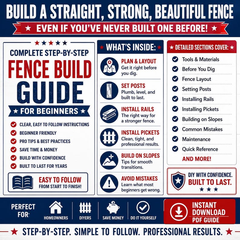 May include: A digital instructional guide titled Complete Step-By-Step Fence Build Guide For Beginners. The document features red, white, and blue text and icons detailing planning, post setting, rail and picket installation, and slope building.