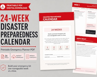 24-veckors katastrofberedskapskalender, nödpaketplanerare, utskrivbar PDF-nedladdning