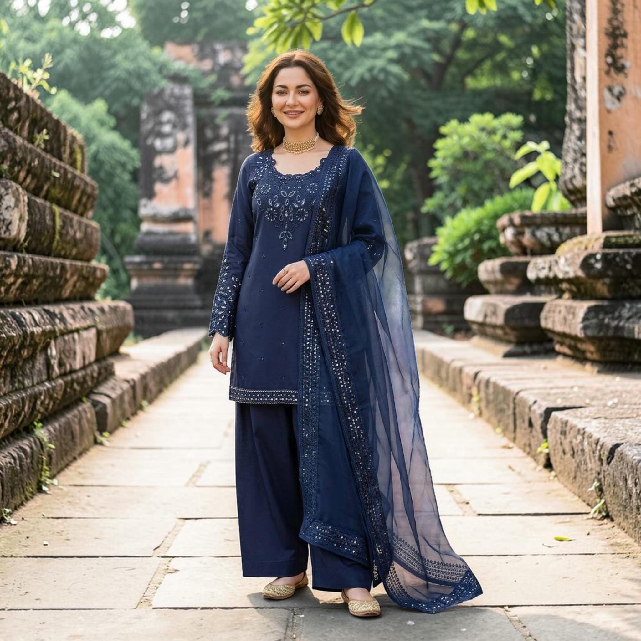 Women's Black Roman Silk Kurti Pant Set with Blue Embroidery - Elegant Ethnic Wear