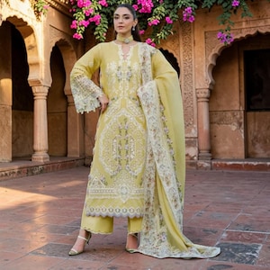 Cotton Chikankari Patch Work Pakistani Salwar Suit for Women, Yellow Embroidered Cotton Kurta Pant Dupatta Set, Festive Ethnic Wear