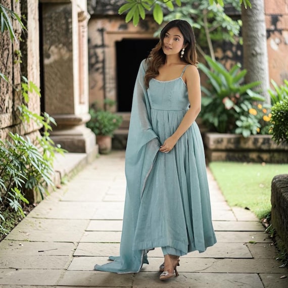 Sea Green Crunch Silk Anarkali Gown with Dupatta, Hotfix Embellished Indian Ethnic Dress for Women, Party Wear Outfit, Wedding Wear