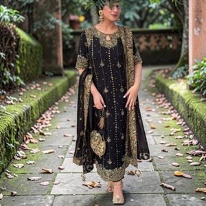 Black Georgette Kurti Pant Dupatta Set, Sequin Rivet Work Ethnic Suit
