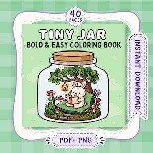 Puede incluir: Un libro de colorear digital titulado Tiny Jar Bold & Easy Coloring Book con 40 páginas. La portada muestra un conejo de dibujos animados leyendo un libro dentro de un frasco de vidrio con un árbol, una linterna y setas. Formatos PDF y PNG.